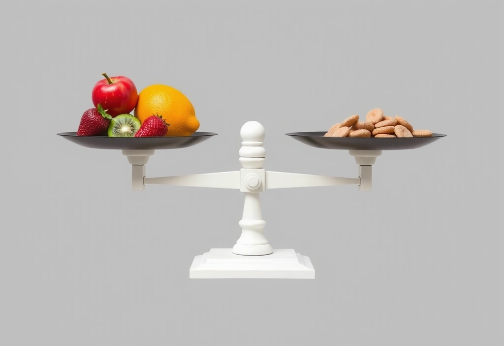 O balanță cu fructe și legume pe o parte și dulciuri pe cealaltă